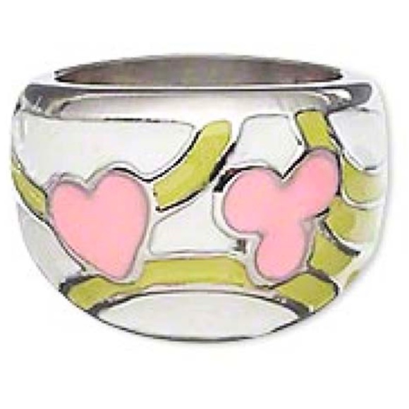 RING, FLOWER DESIGN, SIZE 8, PINK, WHITE & LT. GREEN ENAMEL & STAINLESS STEEL, - Picture 1 of 1